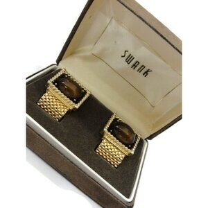 Swank Tiger Eye Cufflinks Mesh Set Gold Tone Wedding Tux Vintage IOB